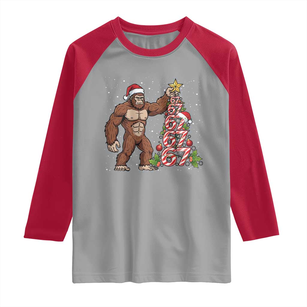 Bigfoot Christmas Tree 67 Raglan Shirt Holiday Six Seven Meme Brainrot Gift TS12 Sport Gray Red Print Your Wear