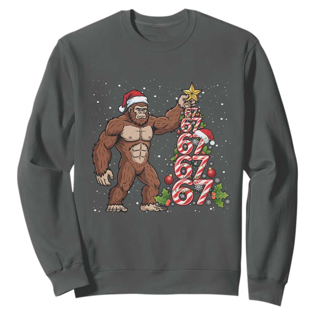 Bigfoot Christmas Tree 67 Sweatshirt Holiday Six Seven Meme Brainrot Gift TS12 Dark Heather Print Your Wear