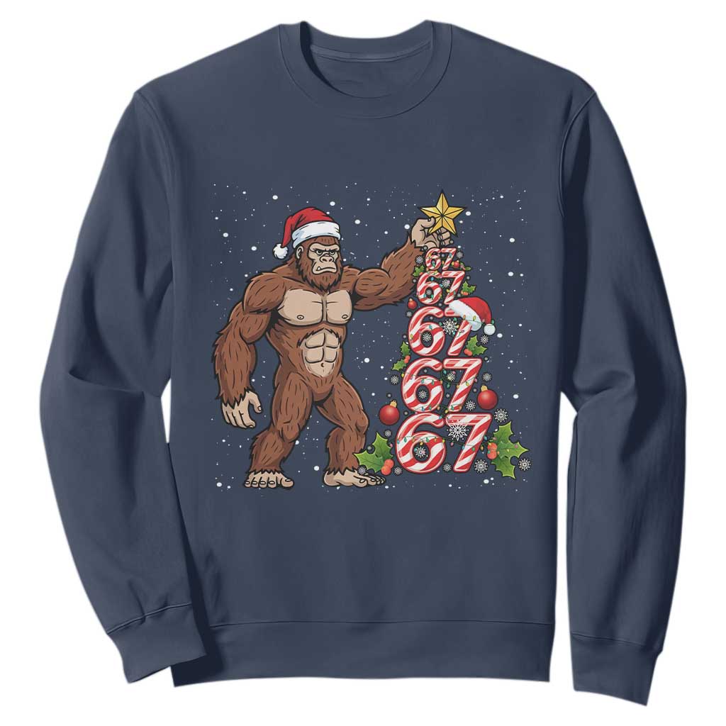 Bigfoot Christmas Tree 67 Sweatshirt Holiday Six Seven Meme Brainrot Gift TS12 Navy Print Your Wear