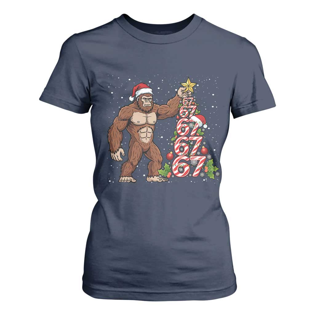Bigfoot Christmas Tree 67 T Shirt For Women Holiday Six Seven Meme Brainrot Gift TS12 Navy Print Your Wear