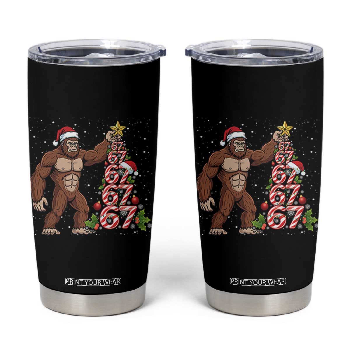 Bigfoot Christmas Tree 67 Tumbler Cup Holiday Six Seven Meme Brainrot Gift TS12 Black Print Your Wear