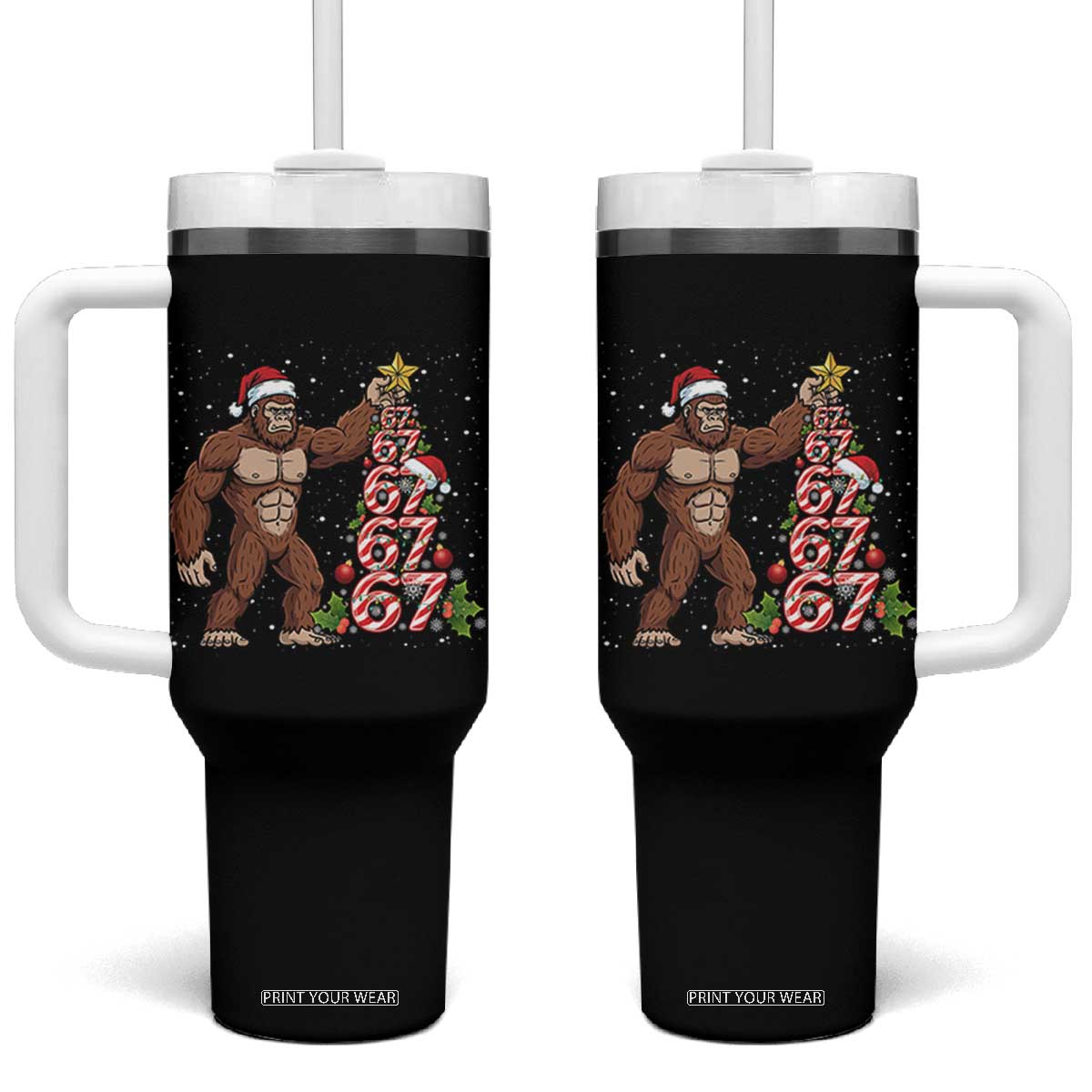 Bigfoot Christmas Tree 67 Tumbler With Handle Holiday Six Seven Meme Brainrot Gift TS12 One Size: 40 oz Black Print Your Wear