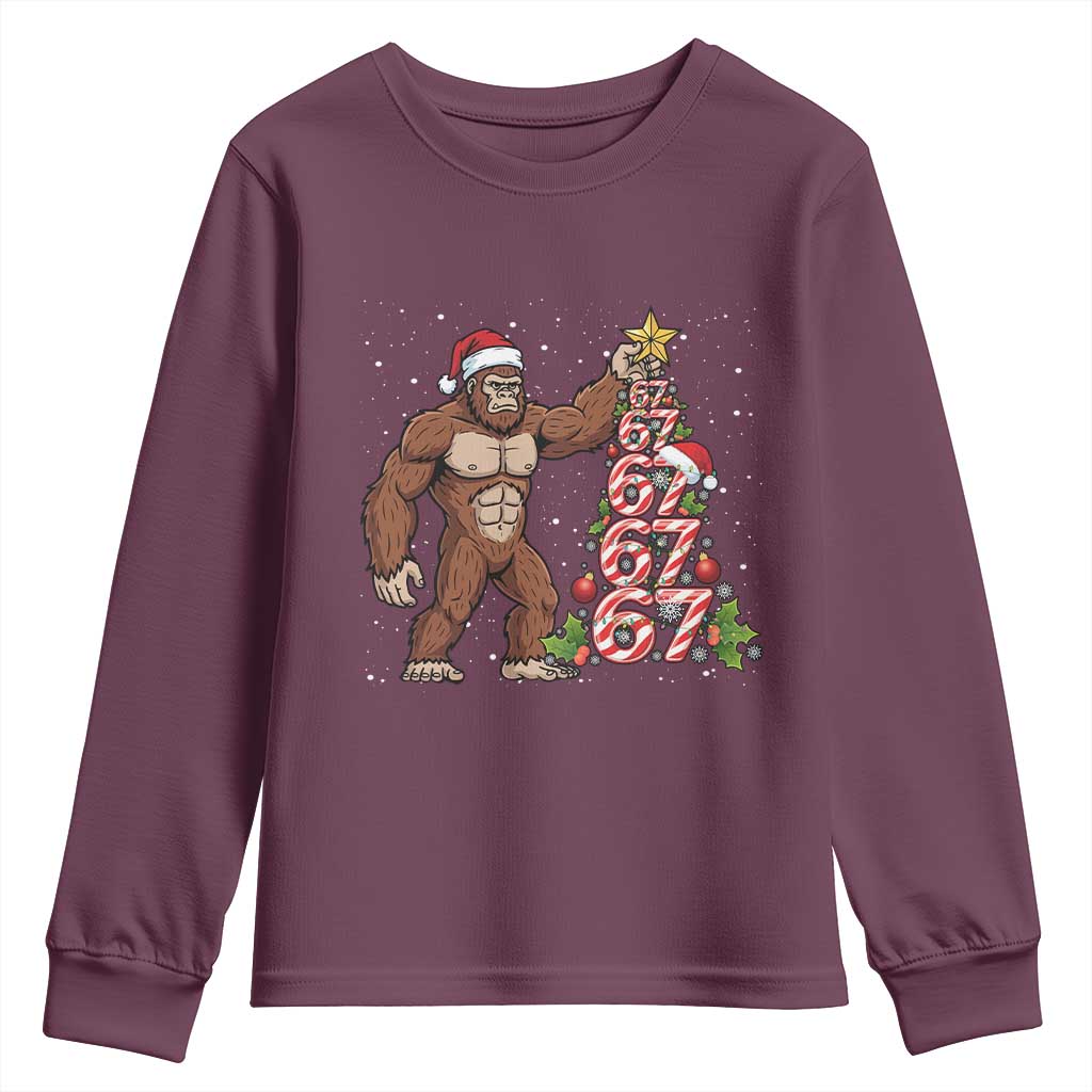 Bigfoot Christmas Tree 67 Youth Sweatshirt Holiday Six Seven Meme Brainrot Gift TS12 Maroon Print Your Wear