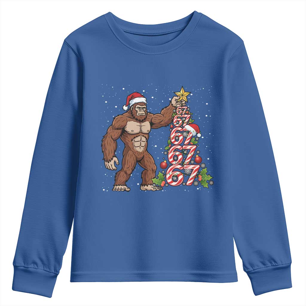 Bigfoot Christmas Tree 67 Youth Sweatshirt Holiday Six Seven Meme Brainrot Gift TS12 Royal Blue Print Your Wear