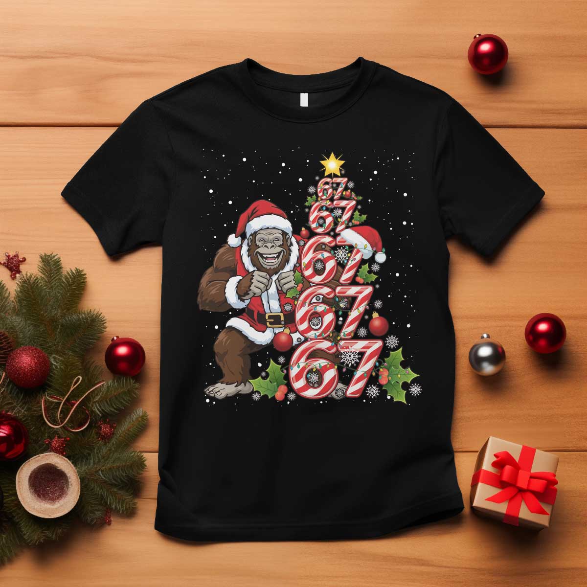 Trending Six Seven Meme Bigfoot Christmas Tree T Shirt Holiday Gift TS12 Black Print Your Wear