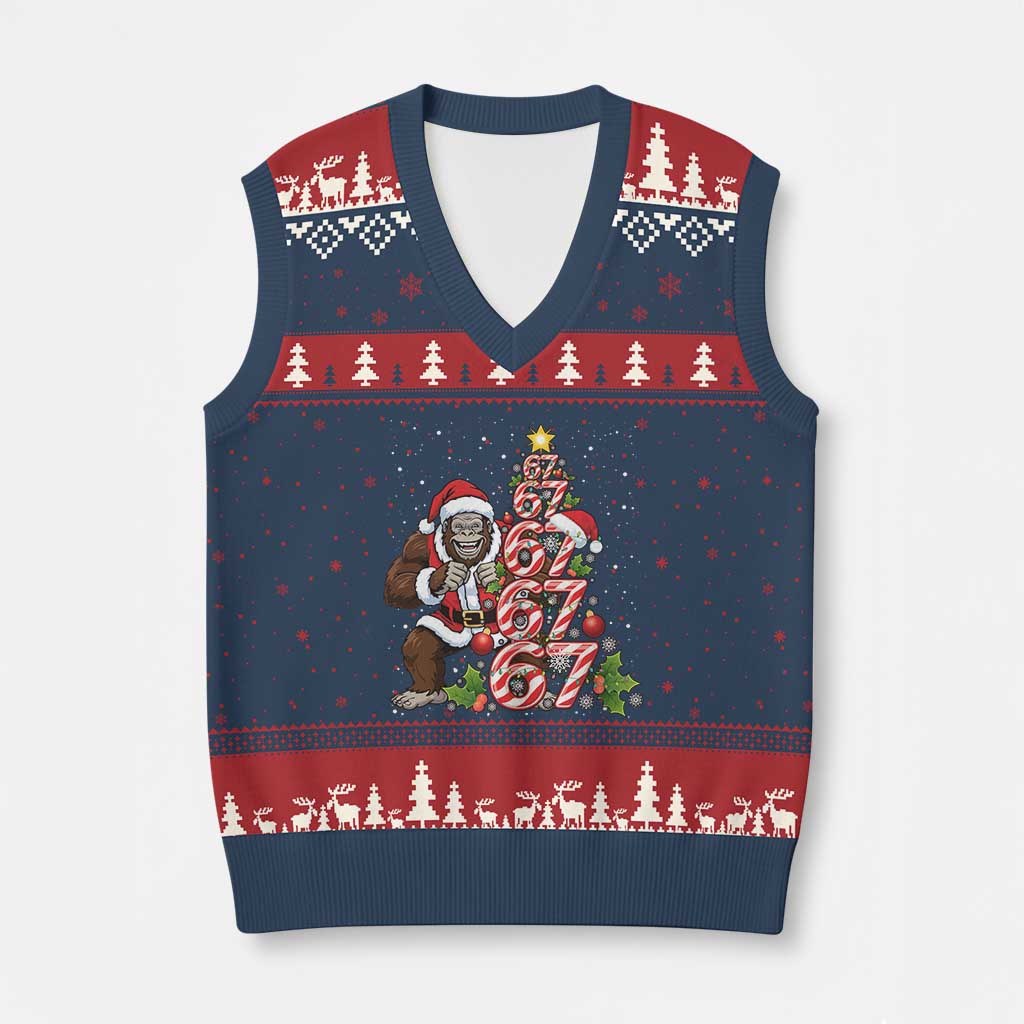 Trending Six Seven Meme Bigfoot Xmas Tree V-Neck Knit Sweater Vest Holiday Gift TS12 Navy Red Print Your Wear