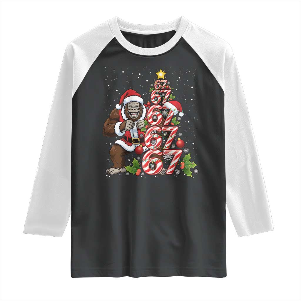 Trending Six Seven Meme Bigfoot Christmas Tree Raglan Shirt Holiday Gift TS12 Black White Print Your Wear