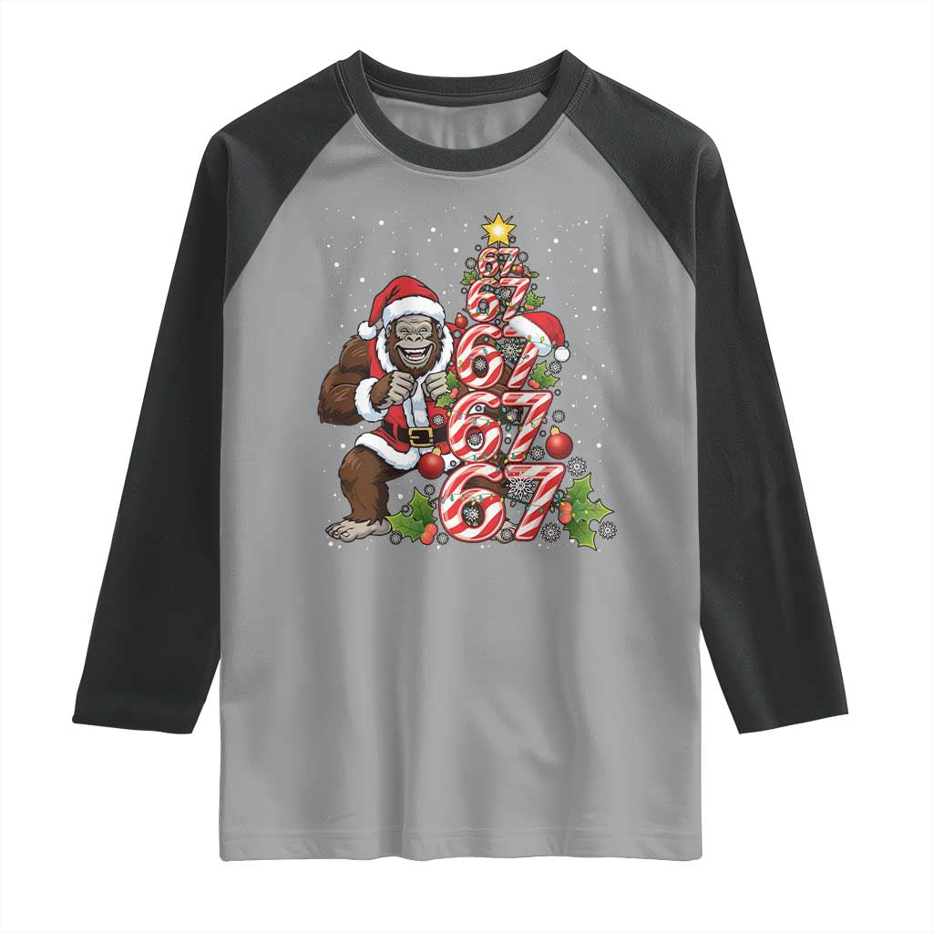 Trending Six Seven Meme Bigfoot Christmas Tree Raglan Shirt Holiday Gift TS12 Sport Gray Black Print Your Wear