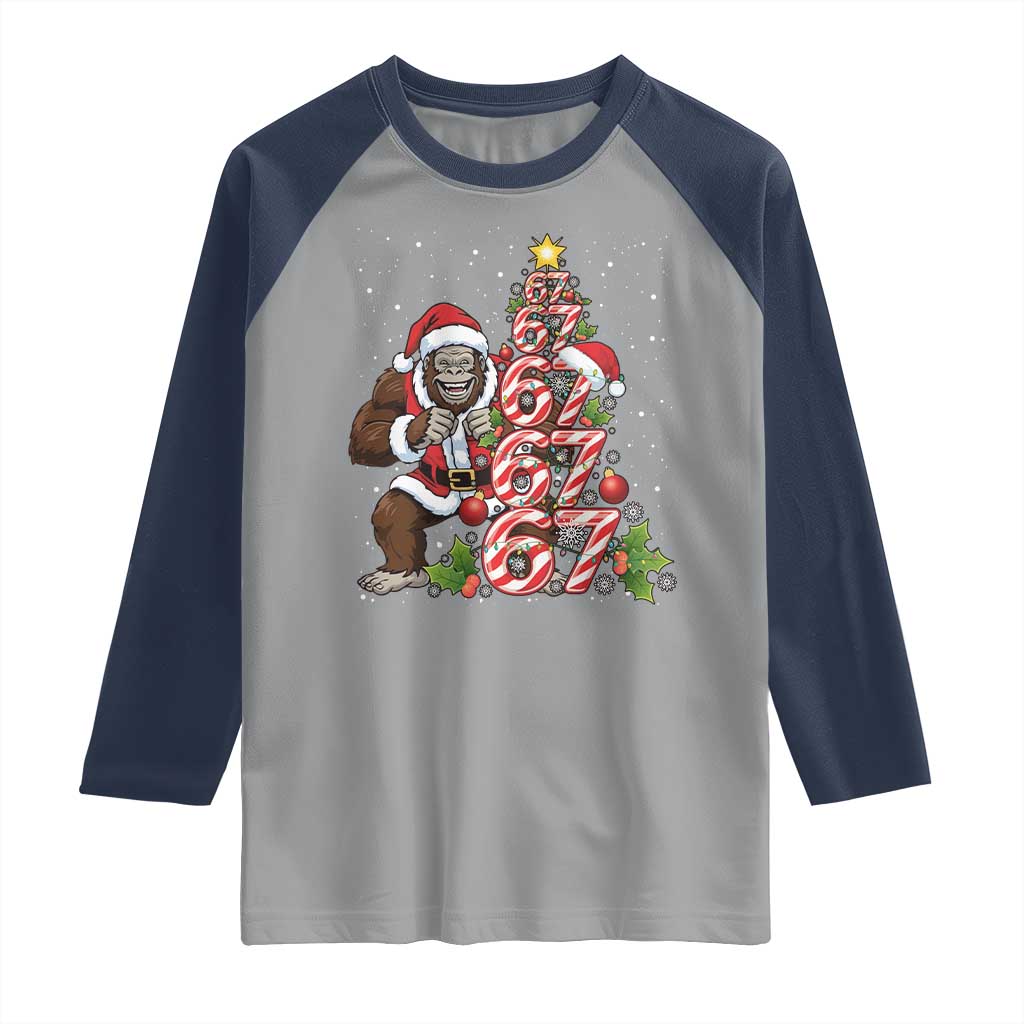 Trending Six Seven Meme Bigfoot Christmas Tree Raglan Shirt Holiday Gift TS12 Sport Gray Navy Print Your Wear