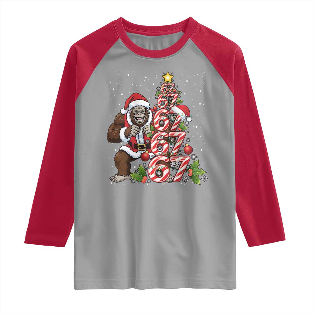Trending Six Seven Meme Bigfoot Christmas Tree Raglan Shirt Holiday Gift TS12 Sport Gray Red Print Your Wear