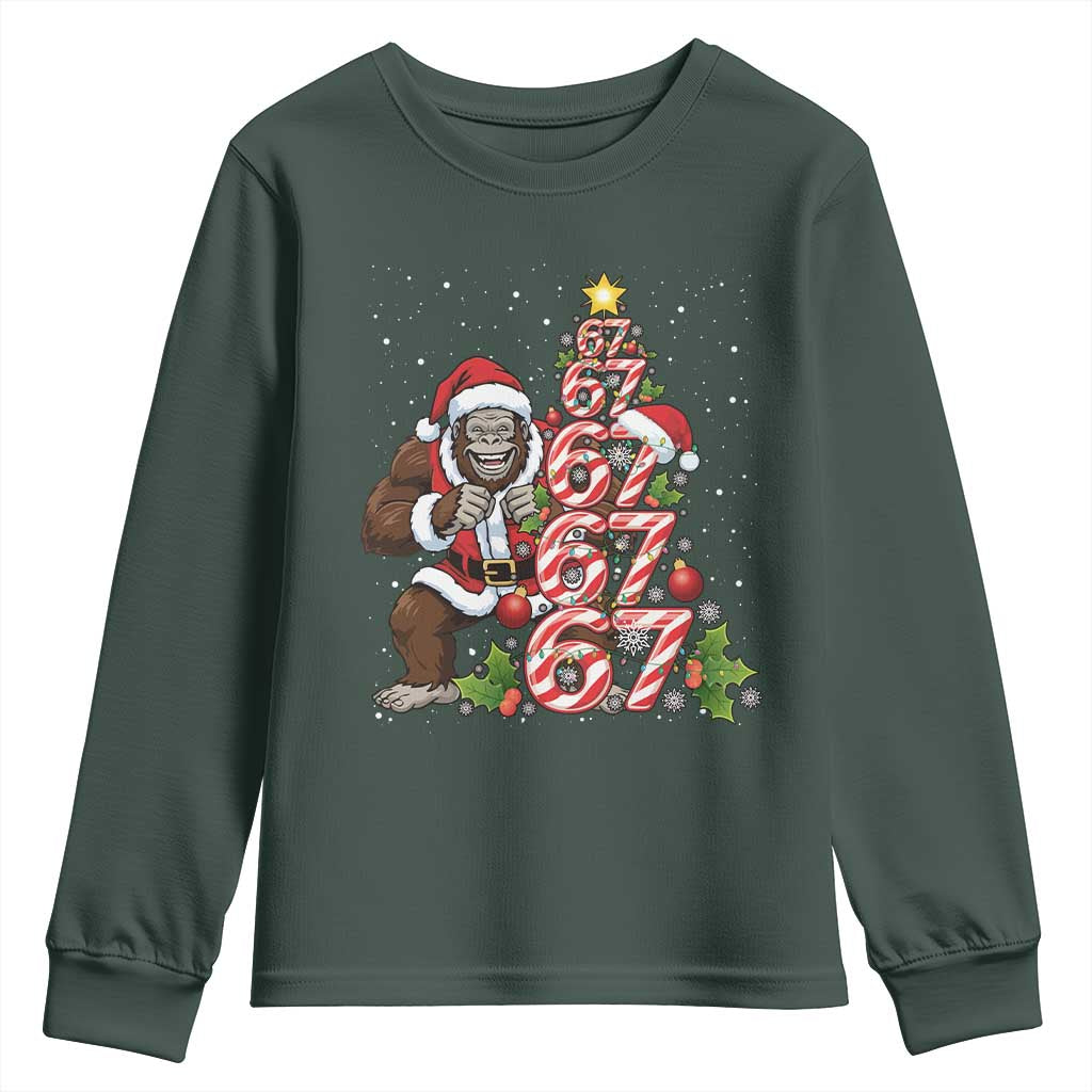 Trending Six Seven Meme Bigfoot Christmas Tree Youth Sweatshirt Holiday Gift TS12 Dark Forest Green Print Your Wear