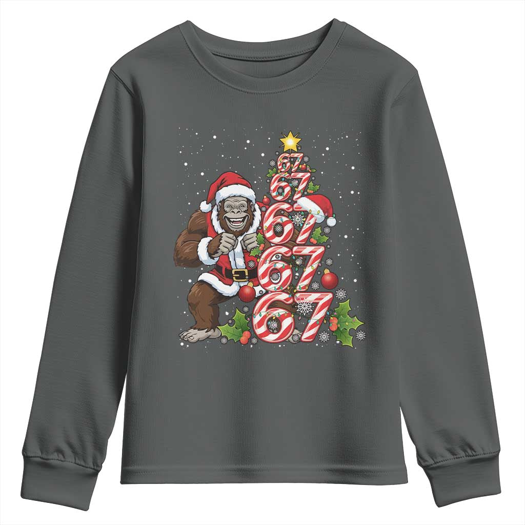 Trending Six Seven Meme Bigfoot Christmas Tree Youth Sweatshirt Holiday Gift TS12 Dark Heather Print Your Wear