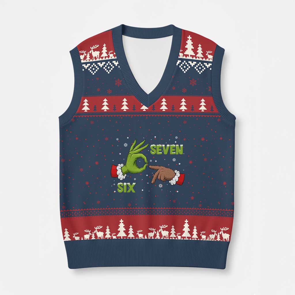 Funny Green And Bigfoot Six Seven Meme V-Neck Knit Sweater Vest Xmas Trend Gift TS12 Navy Red Print Your Wear