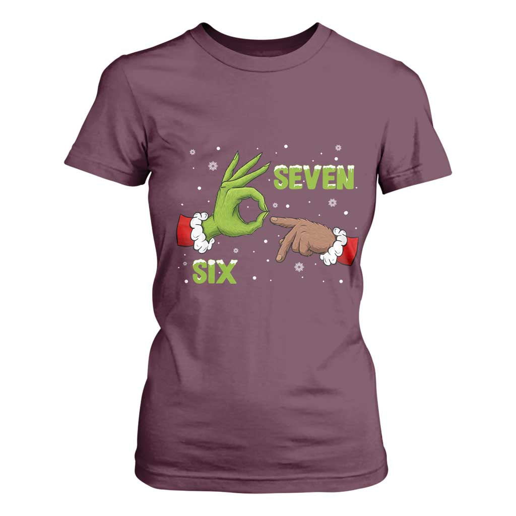 Funny Green And Bigfoot Six Seven Meme T Shirt For Women Christmas Trend Gift TS12 Maroon Print Your Wear