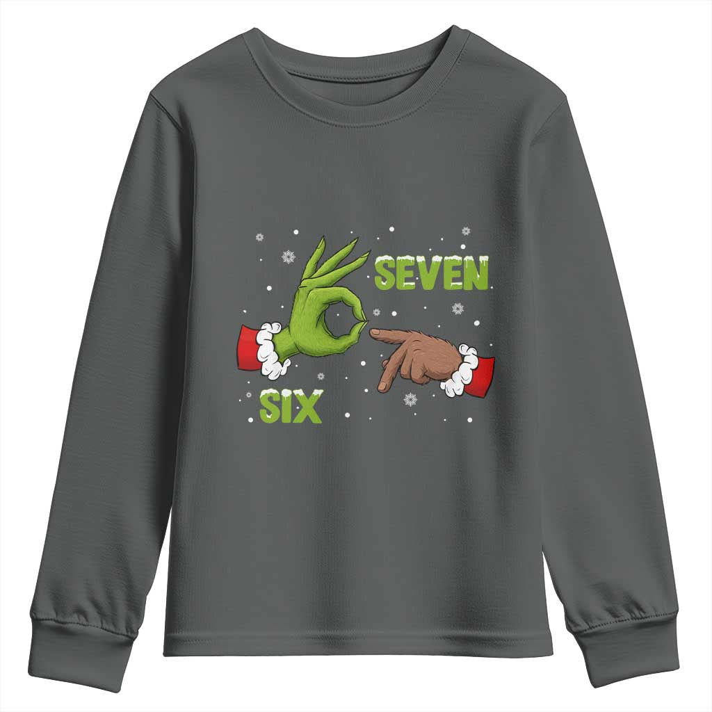Funny Green And Bigfoot Six Seven Meme Youth Sweatshirt Christmas Trend Gift TS12 Dark Heather Print Your Wear
