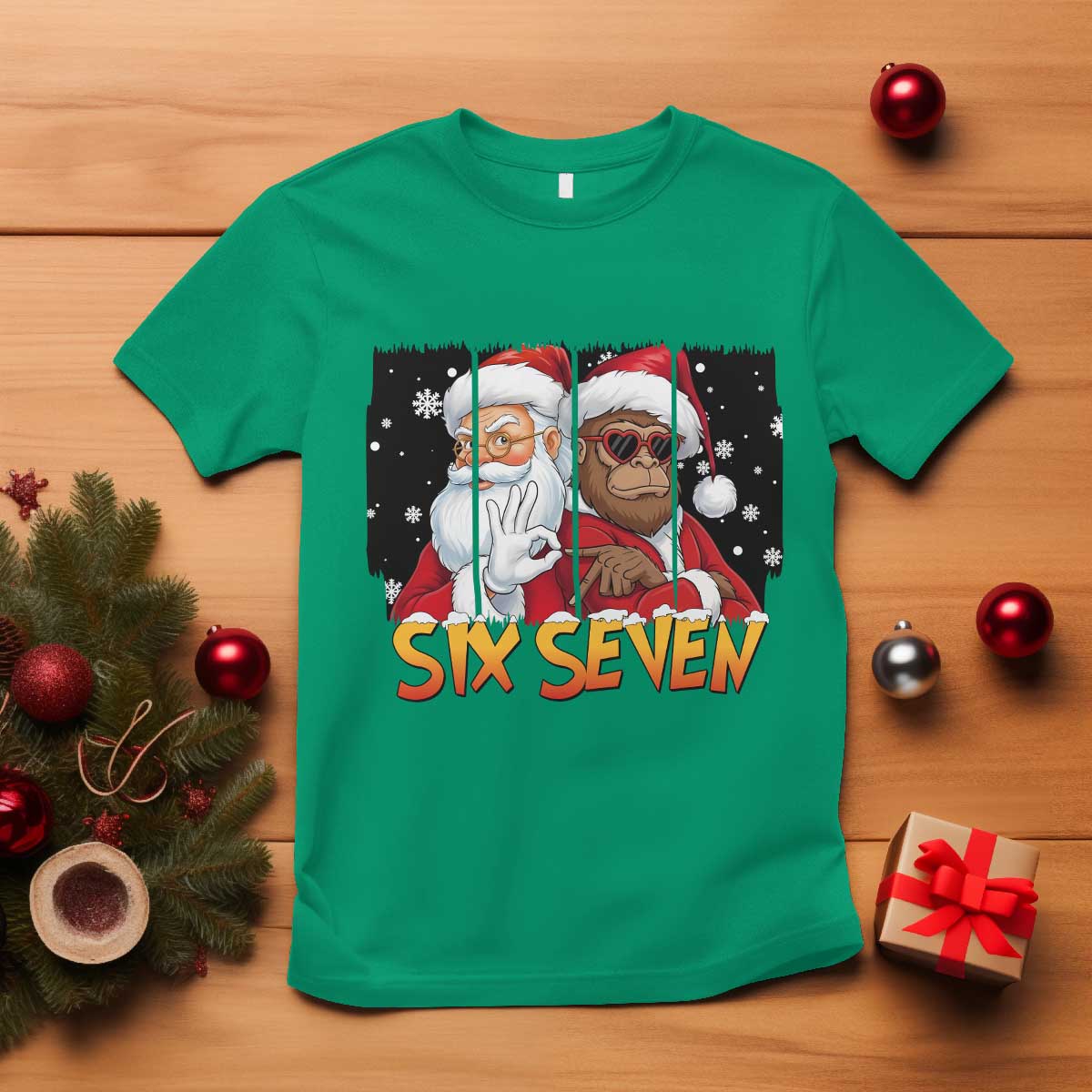 Six Seven Meme Santa Bigfoot T Shirt 67 Viral Gen Alpha Slang Christmas Gift TS12 Irish Green Print Your Wear