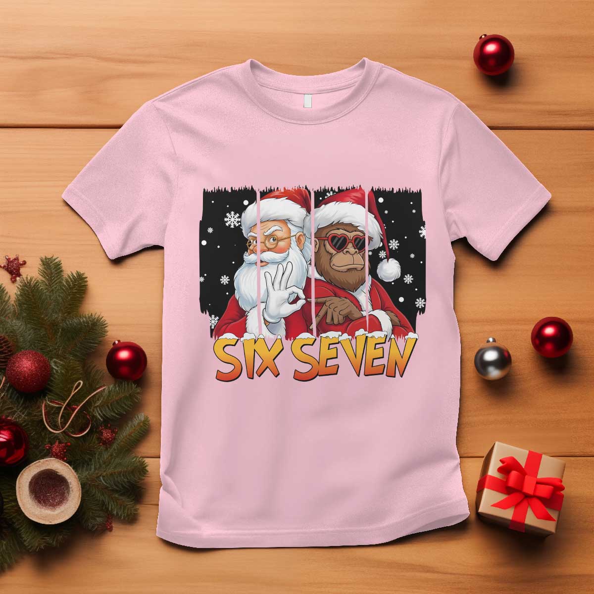 Six Seven Meme Santa Bigfoot T Shirt 67 Viral Gen Alpha Slang Christmas Gift TS12 Light Pink Print Your Wear