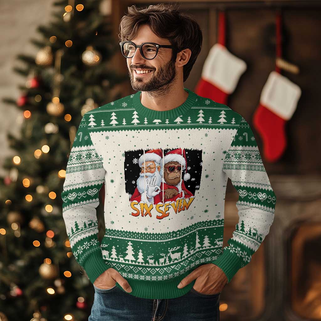 Six Seven Meme Santa Bigfoot Ugly Christmas Sweater 67 Viral Gen Alpha Slang Xmas Gift TS12 Beige Green Print Your Wear