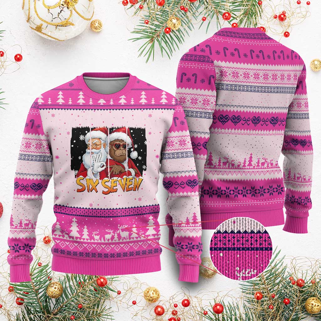 Six Seven Meme Santa Bigfoot Ugly Christmas Sweater 67 Viral Gen Alpha Slang Xmas Gift TS12 Hot Pink Print Your Wear