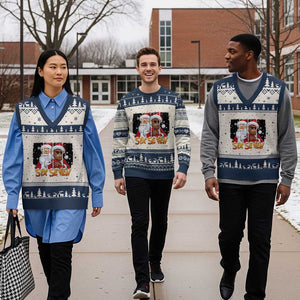 Six Seven Meme Santa Bigfoot V-Neck Knit Sweater Vest 67 Viral Gen Alpha Slang Xmas Gift TS12 Beige Navy Print Your Wear