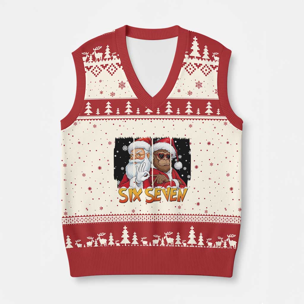 Six Seven Meme Santa Bigfoot V-Neck Knit Sweater Vest 67 Viral Gen Alpha Slang Xmas Gift TS12 Beige Red Print Your Wear