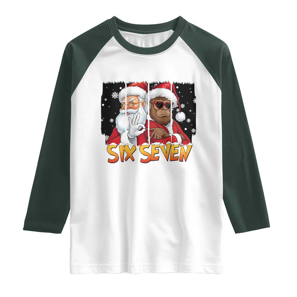 Six Seven Meme Santa Bigfoot Raglan Shirt 67 Viral Gen Alpha Slang Christmas Gift TS12 White Dark Forest Green Print Your Wear