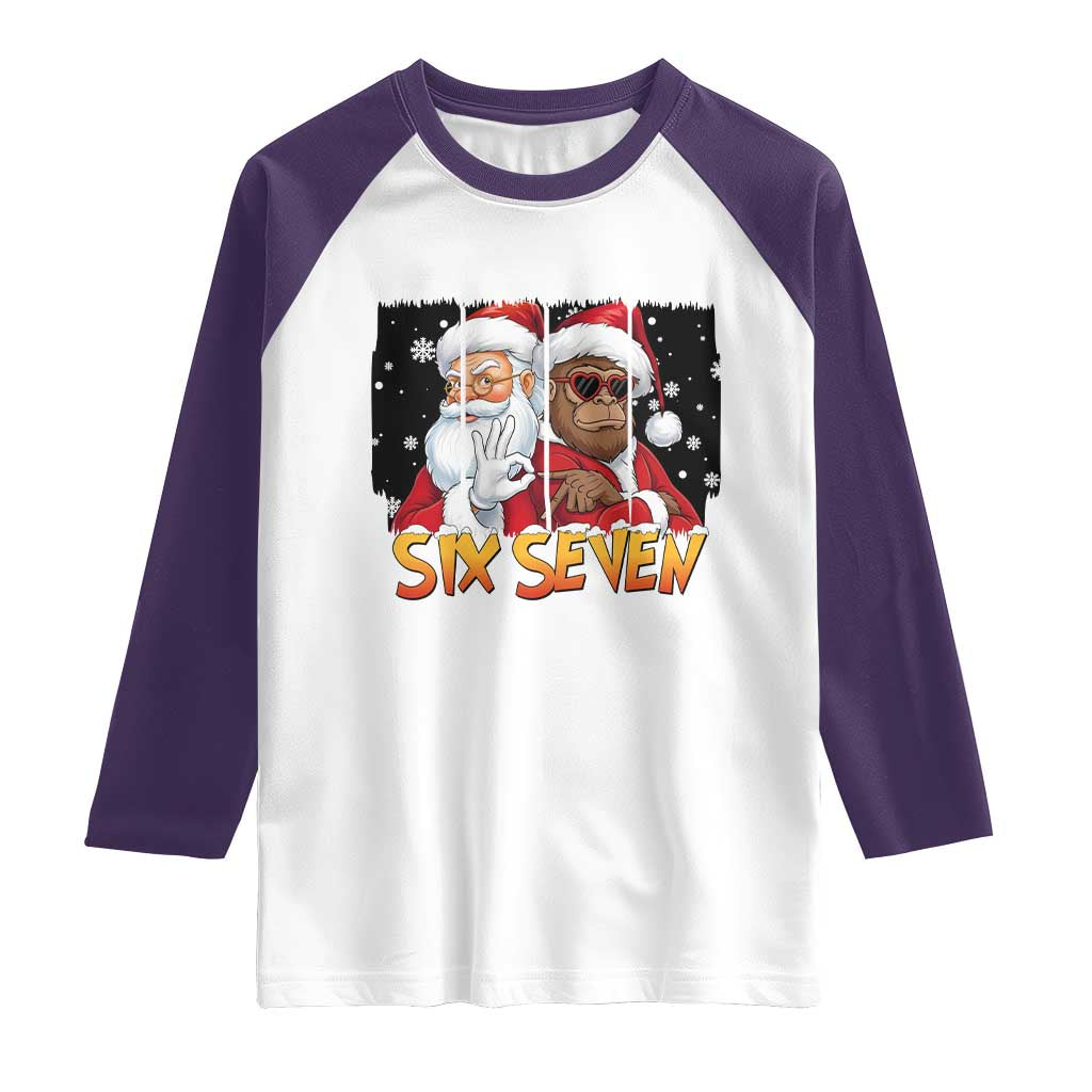 Six Seven Meme Santa Bigfoot Raglan Shirt 67 Viral Gen Alpha Slang Christmas Gift TS12 White Purple Print Your Wear