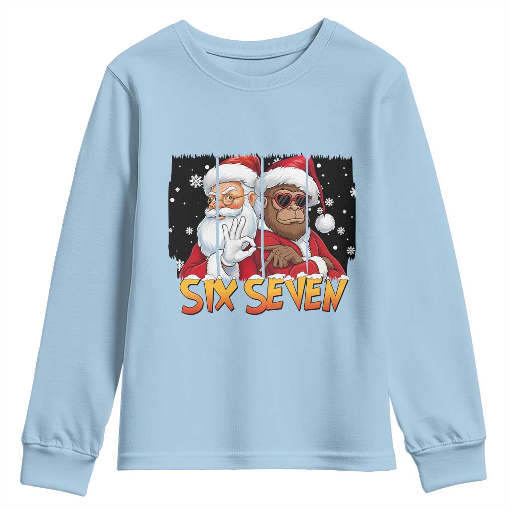 Six Seven Meme Santa Bigfoot Youth Sweatshirt 67 Viral Gen Alpha Slang Christmas Gift TS12 Light Blue Print Your Wear