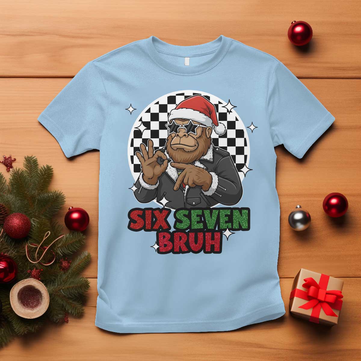 Biker Santa Six Seven Bruh T Shirt Christmas Gift For Gen Z TS12 Light Blue Print Your Wear