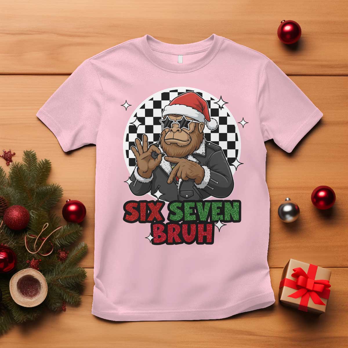 Biker Santa Six Seven Bruh T Shirt Christmas Gift For Gen Z TS12 Light Pink Print Your Wear
