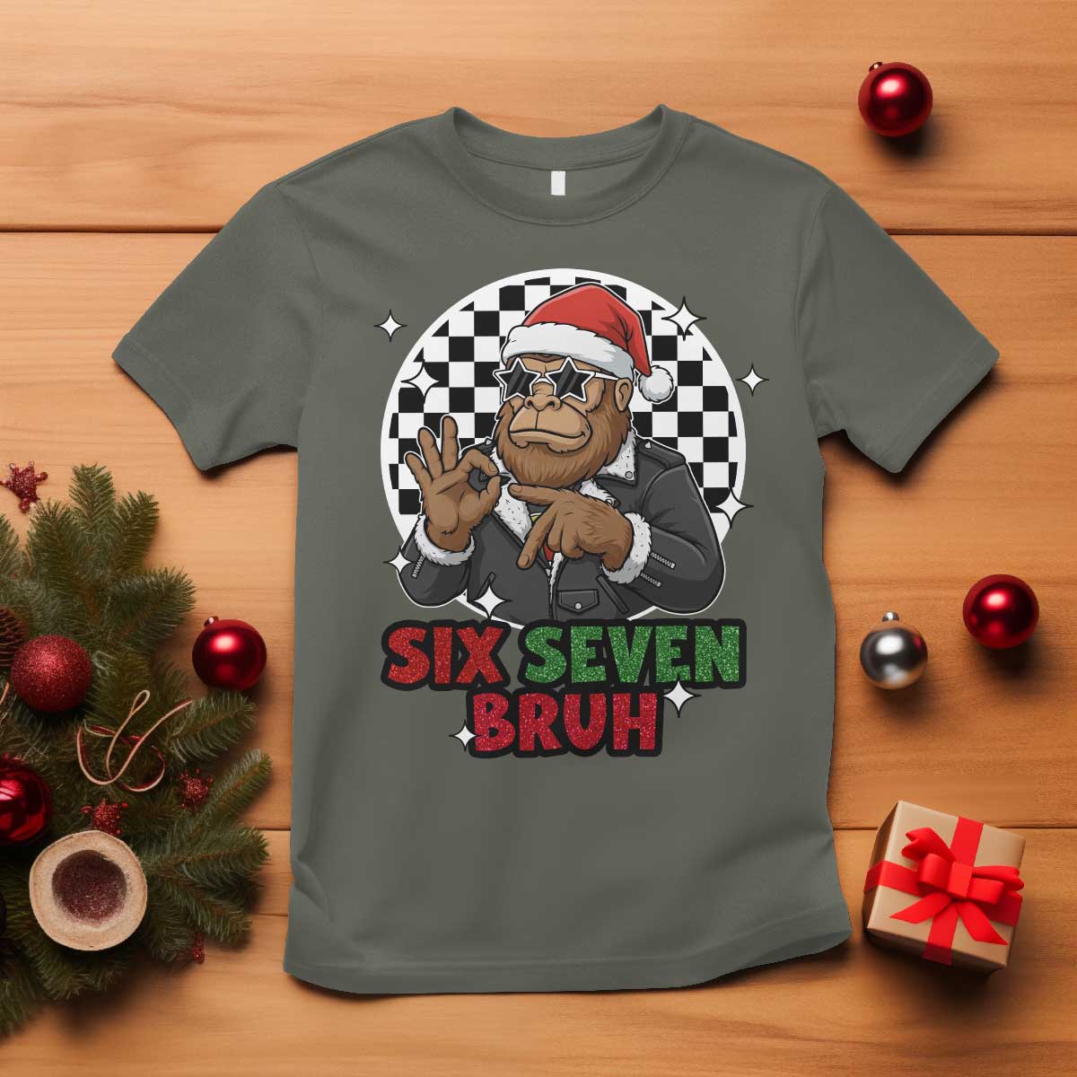 Biker Santa Six Seven Bruh T Shirt Christmas Gift For Gen Z TS12 Military Green Print Your Wear