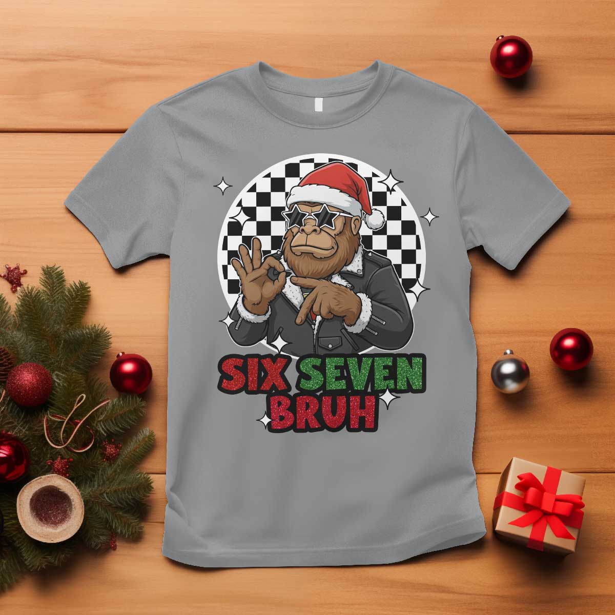 Biker Santa Six Seven Bruh T Shirt Christmas Gift For Gen Z TS12 Sport Gray Print Your Wear