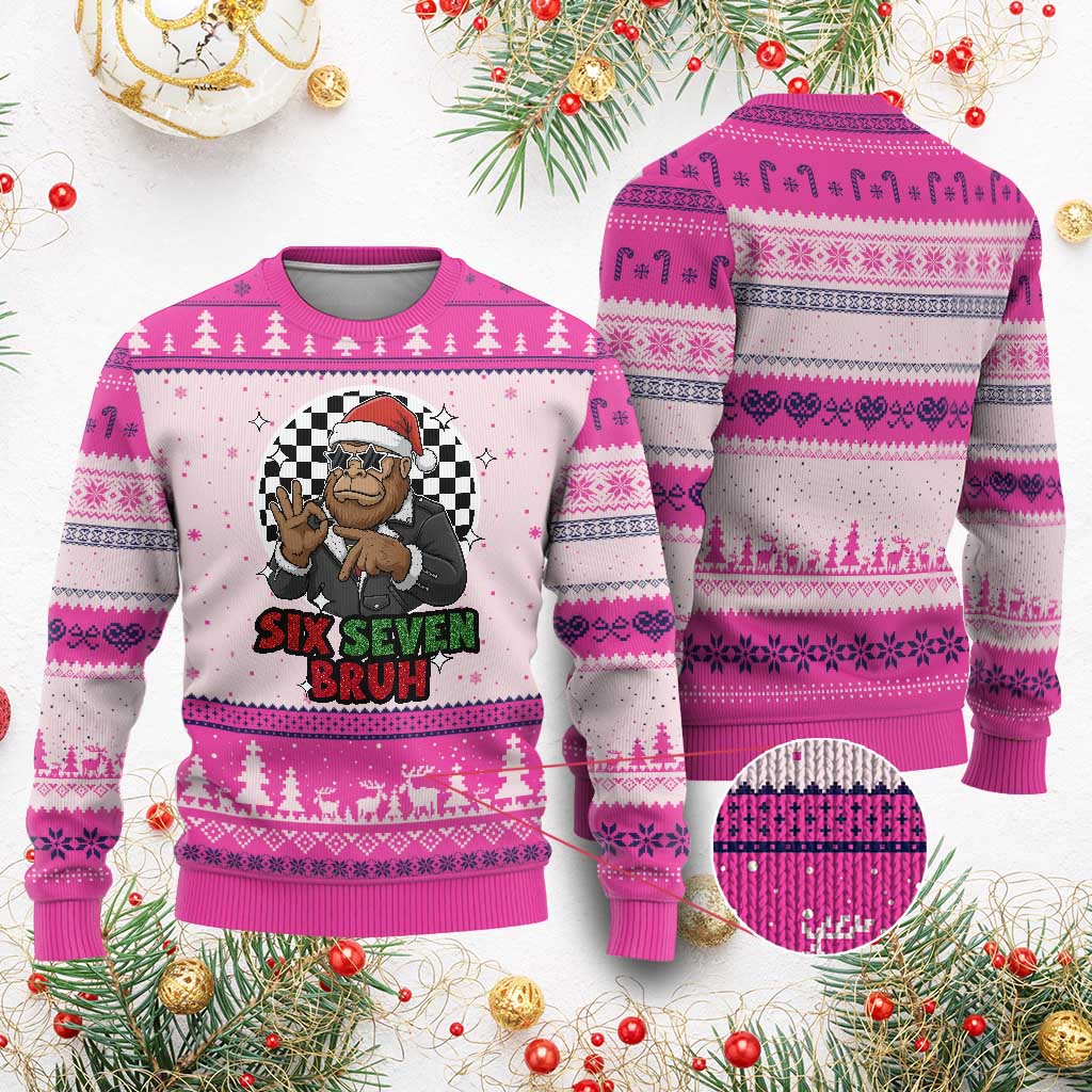 Biker Santa Six Seven Bruh Ugly Christmas Sweater Xmas Gift For Gen Z TS12 Hot Pink Print Your Wear