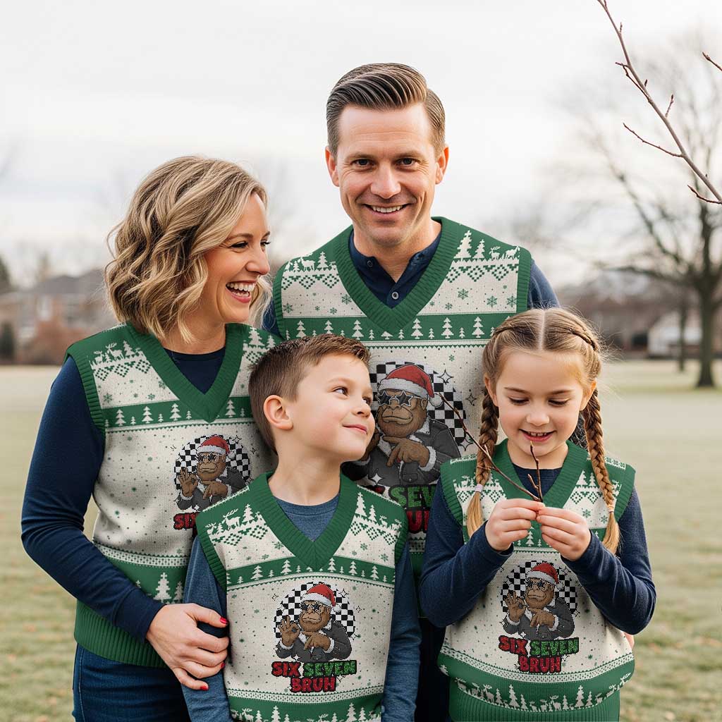 Biker Santa Six Seven Bruh V-Neck Knit Sweater Vest Xmas Gift For Gen Z TS12 Beige Green Print Your Wear