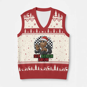 Biker Santa Six Seven Bruh V-Neck Knit Sweater Vest Xmas Gift For Gen Z TS12 Beige Red Print Your Wear