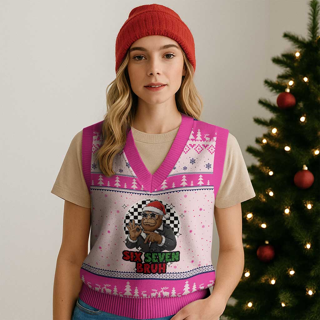 Biker Santa Six Seven Bruh V-Neck Knit Sweater Vest Xmas Gift For Gen Z TS12 Hot Pink Print Your Wear