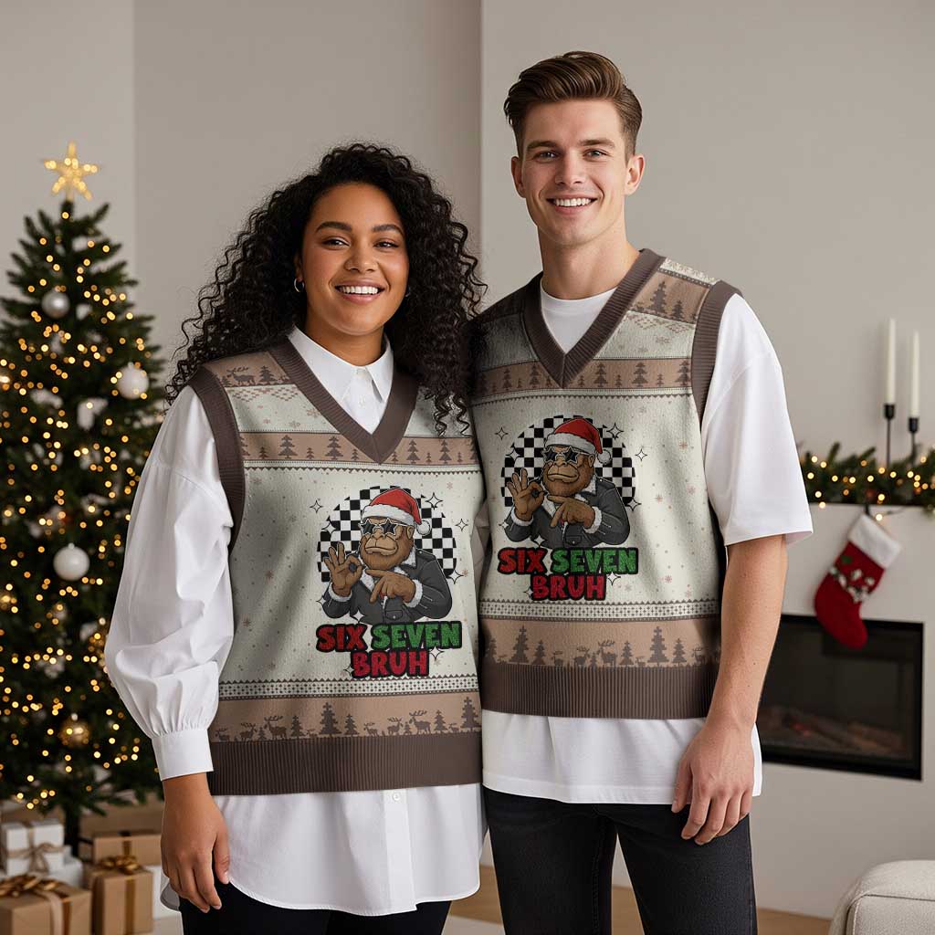 Biker Santa Six Seven Bruh V-Neck Knit Sweater Vest Xmas Gift For Gen Z TS12 Mocha Mousse Print Your Wear