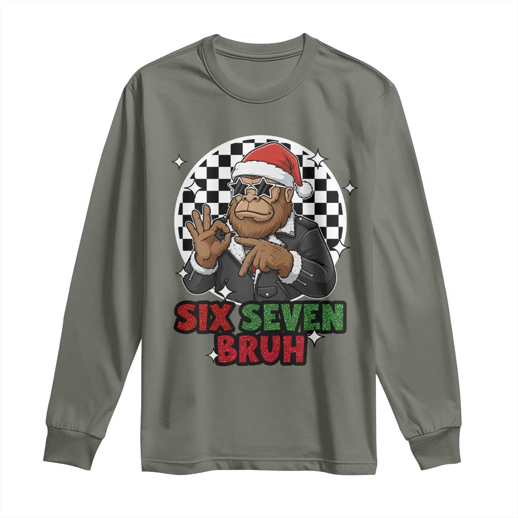 Biker Santa Six Seven Bruh Long Sleeve Shirt Christmas Gift For Gen Z TS12 Military Green Print Your Wear