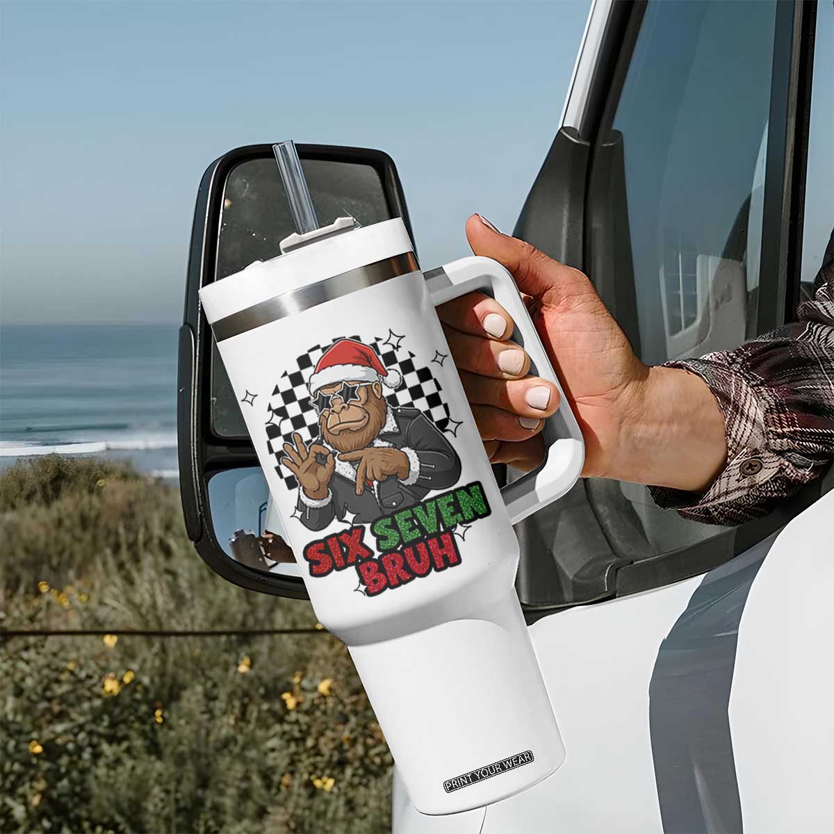 Biker Santa Six Seven Bruh Tumbler With Handle Christmas Gift For Gen Z TS12 Print Your Wear