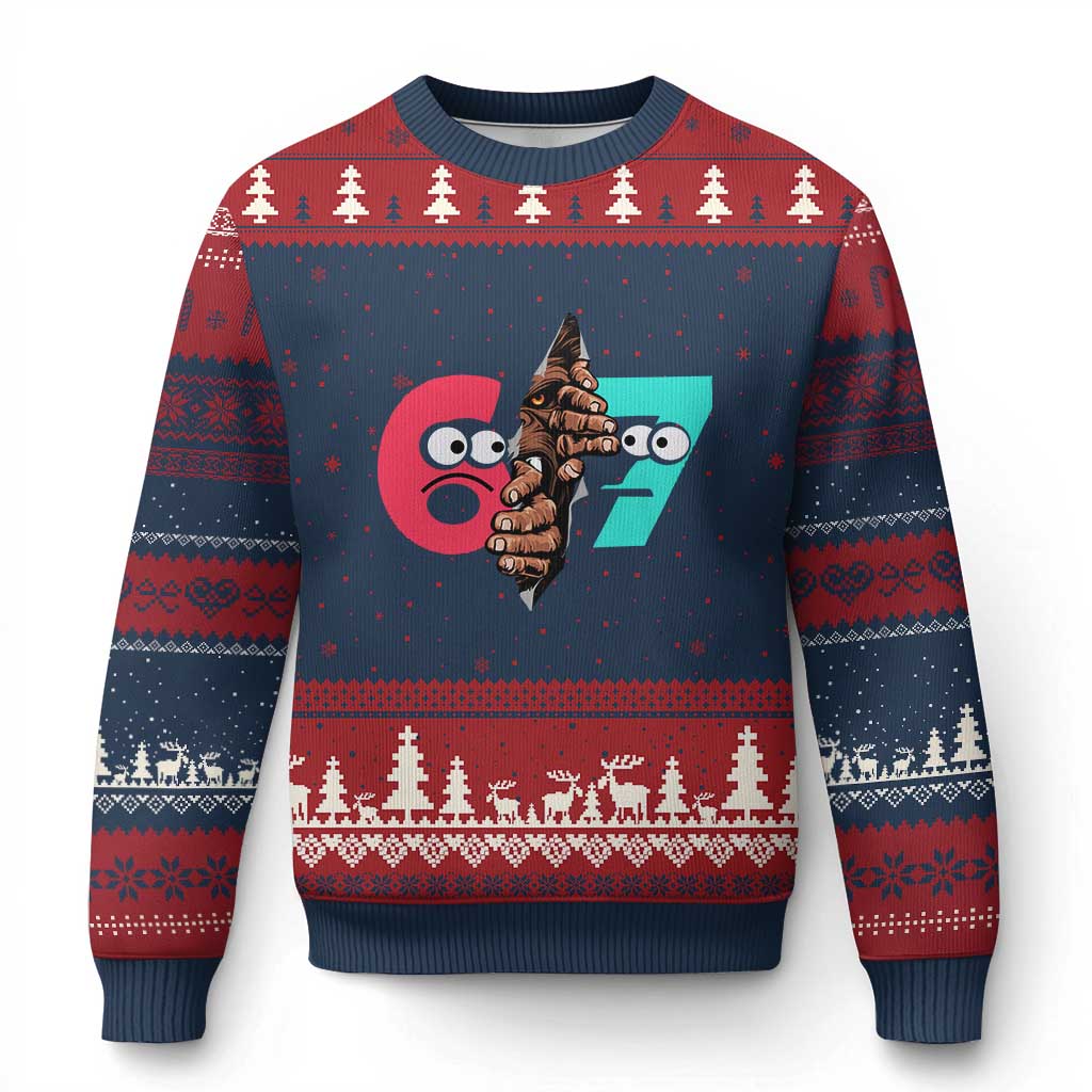 Bigfoot Six Seven Meme Ugly Christmas Sweater 67 Viral Gen Alpha Slang Gift TS12 Navy Red Print Your Wear