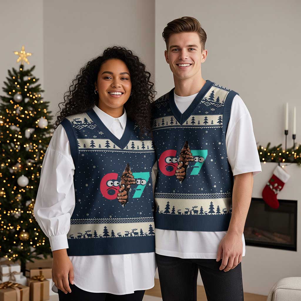 Bigfoot Six Seven Meme V-Neck Knit Sweater Vest 67 Viral Gen Alpha Slang Gift TS12 Navy Beige Print Your Wear