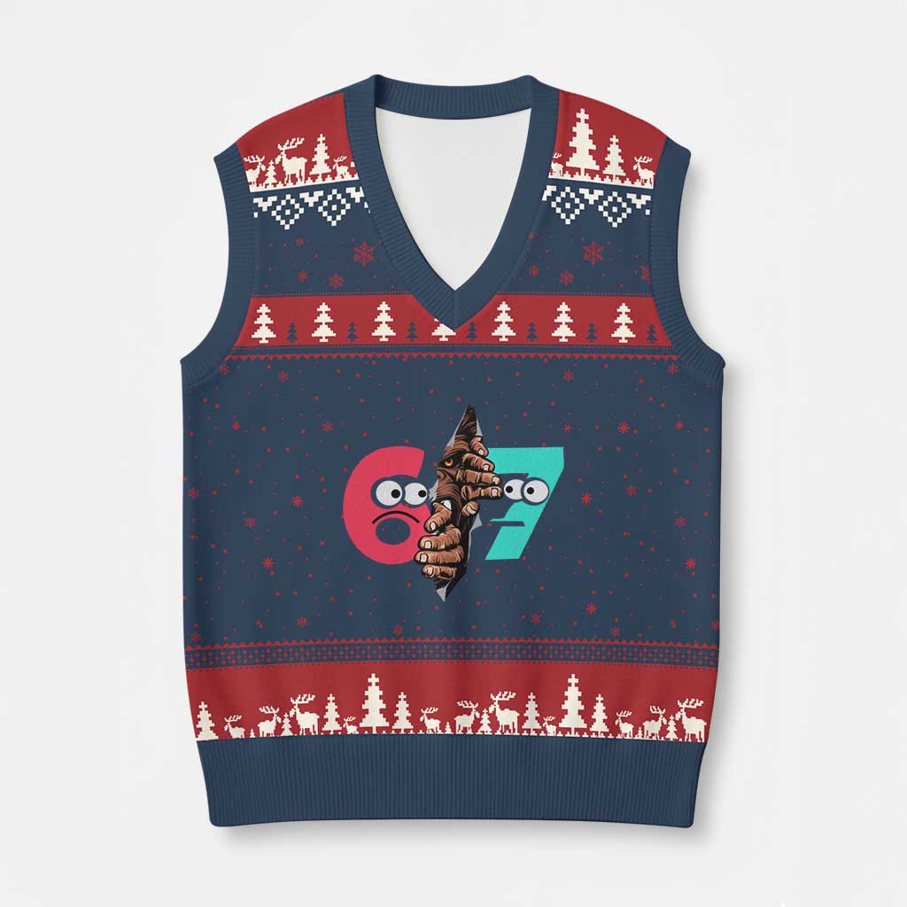 Bigfoot Six Seven Meme V-Neck Knit Sweater Vest 67 Viral Gen Alpha Slang Gift TS12 Navy Red Print Your Wear