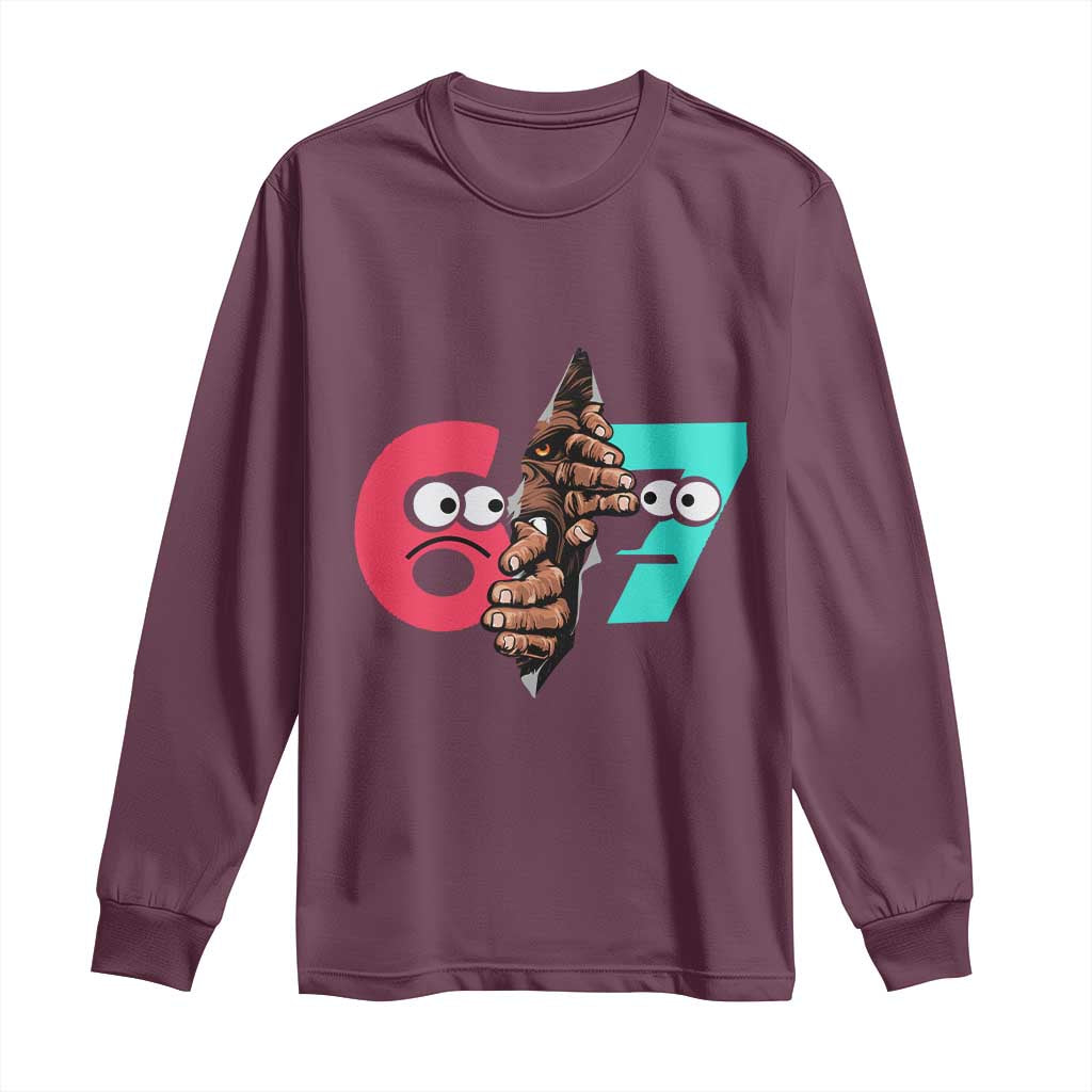 Bigfoot Six Seven Meme Long Sleeve Shirt 67 Viral Gen Alpha Slang Gift TS12 Maroon Print Your Wear