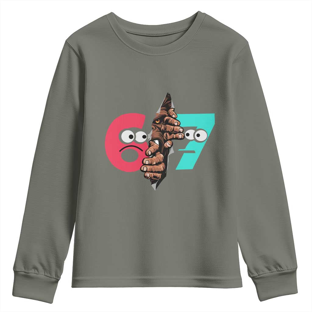 Bigfoot Six Seven Meme Youth Sweatshirt 67 Viral Gen Alpha Slang Gift TS12 Military Green Print Your Wear