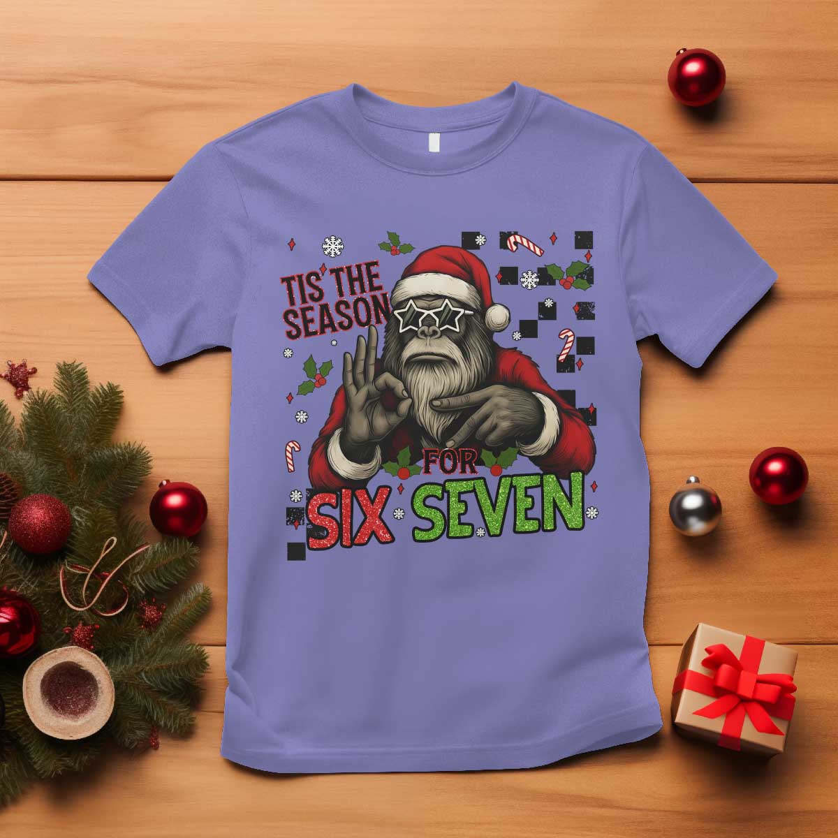 Funny Bigfoot Santa Tis The Season For Six Seven Meme T Shirt Christmas Gift TS12 Violet Print Your Wear