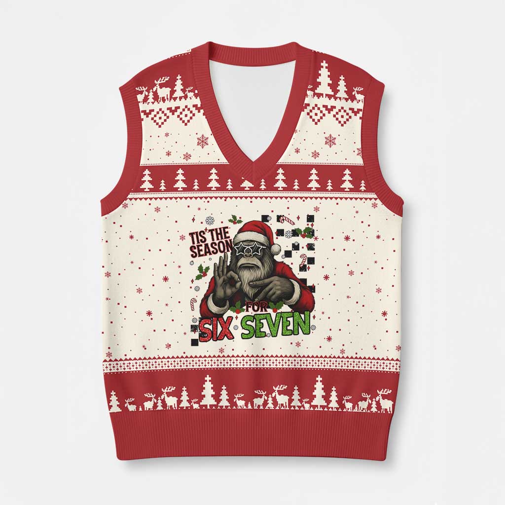 Funny Bigfoot Santa Tis The Season For Six Seven Meme V-Neck Knit Sweater Vest Xmas Gift TS12 Beige Red Print Your Wear