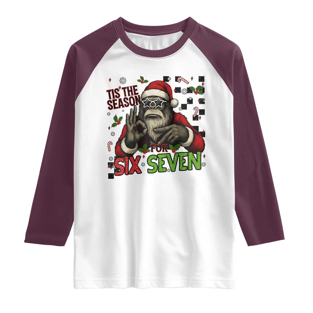 Funny Bigfoot Santa Tis The Season For Six Seven Meme Raglan Shirt Christmas Gift TS12 White Maroon Print Your Wear