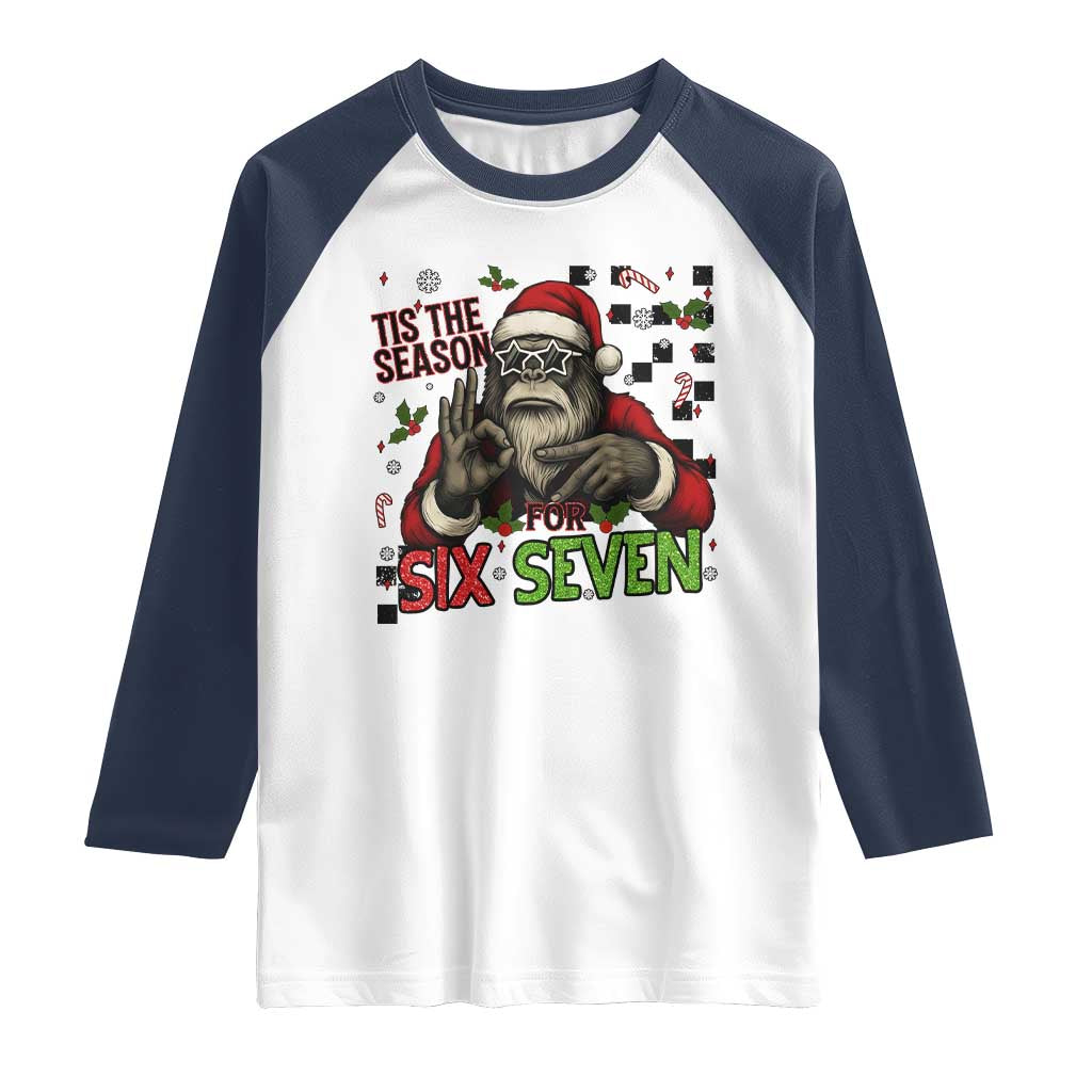 Funny Bigfoot Santa Tis The Season For Six Seven Meme Raglan Shirt Christmas Gift TS12 White Navy Print Your Wear