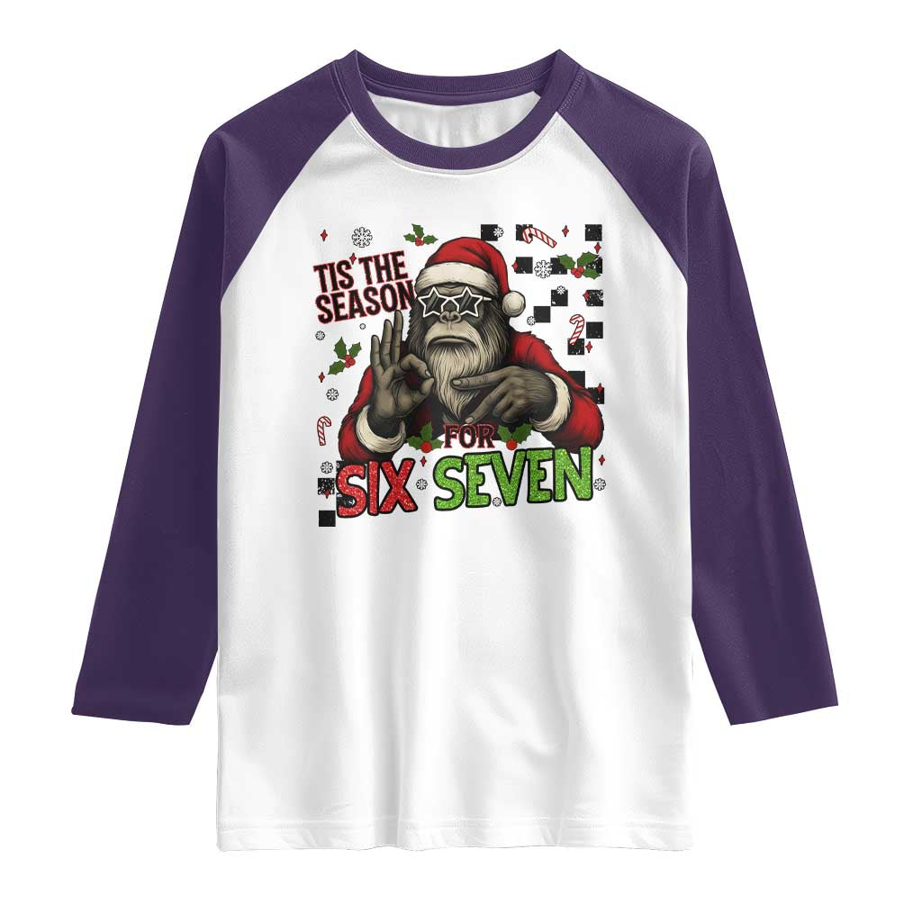 Funny Bigfoot Santa Tis The Season For Six Seven Meme Raglan Shirt Christmas Gift TS12 White Purple Print Your Wear
