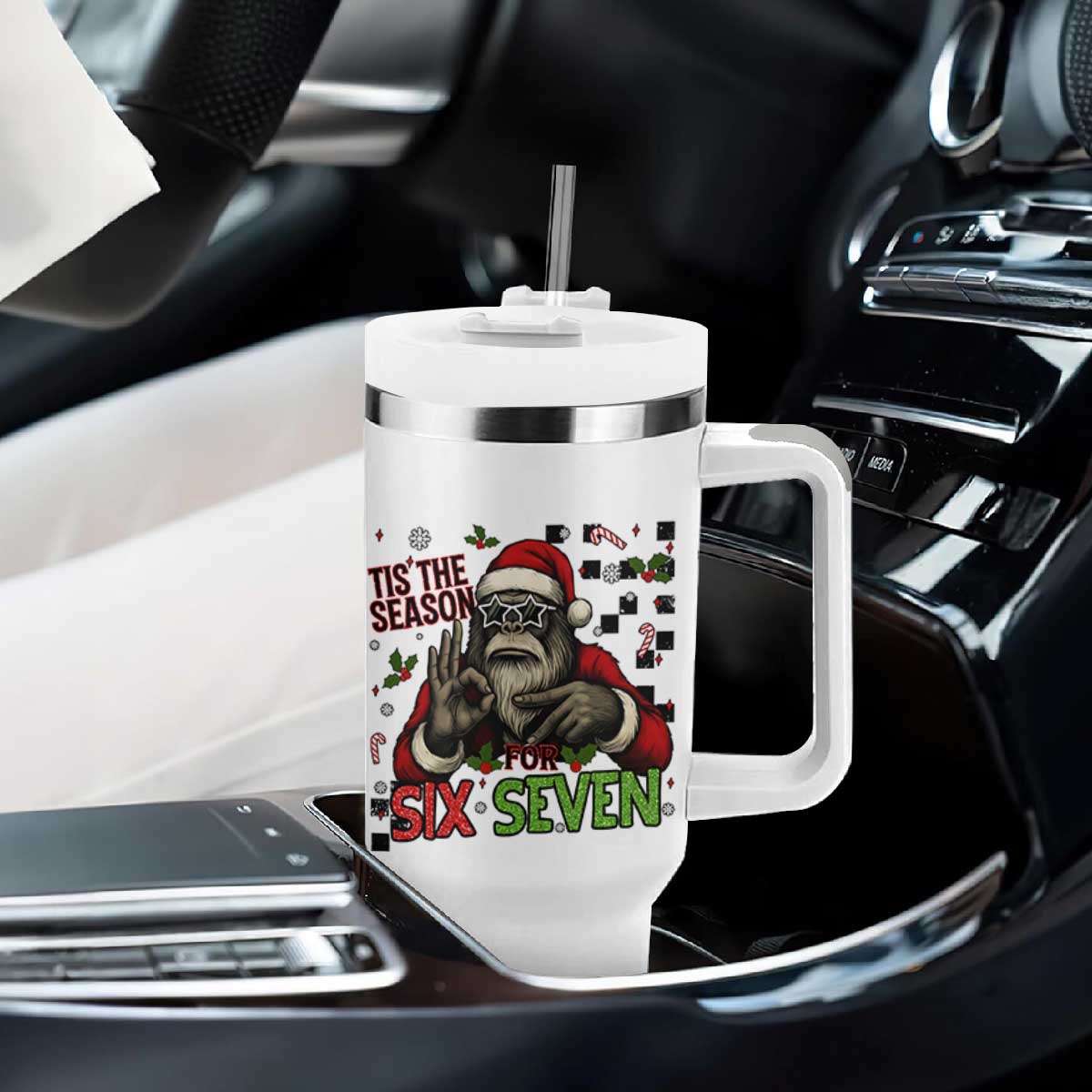 Funny Bigfoot Santa Tis The Season For Six Seven Meme Tumbler With Handle Christmas Gift TS12 Print Your Wear